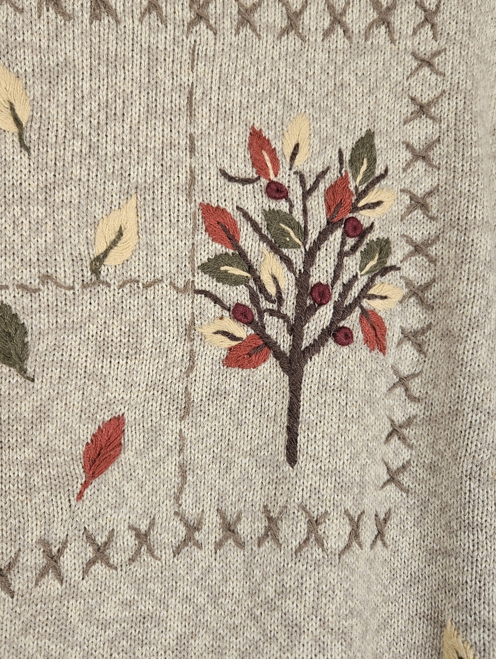 Vintage Christopher Banks Fall Sweater Womens XL Hand Embriodered Leaves Trees - Picture 2 of 11